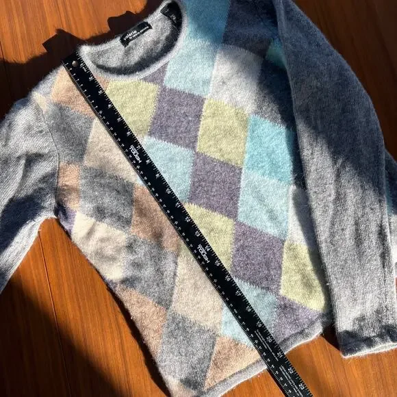 90s Vintage Valerie Stevens Wool Cashmere Rabbit Argyle Pastel Sweater Size M - Picture 4 of 7